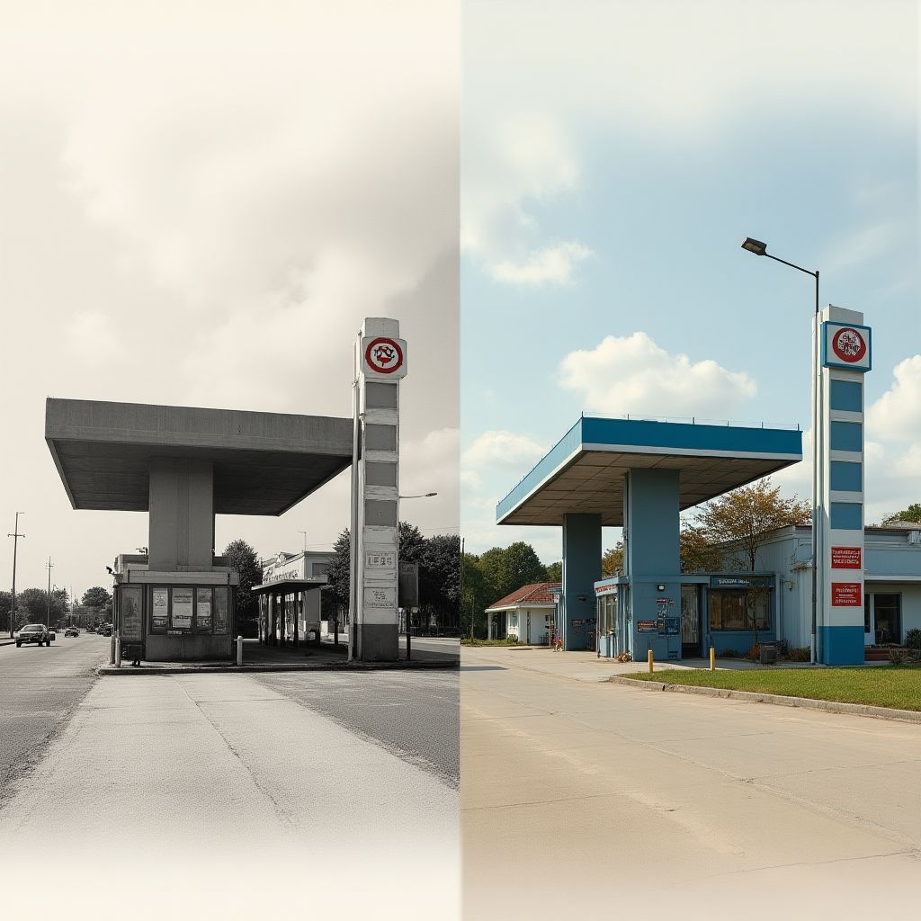 Estación YPF histórica junto a moderna